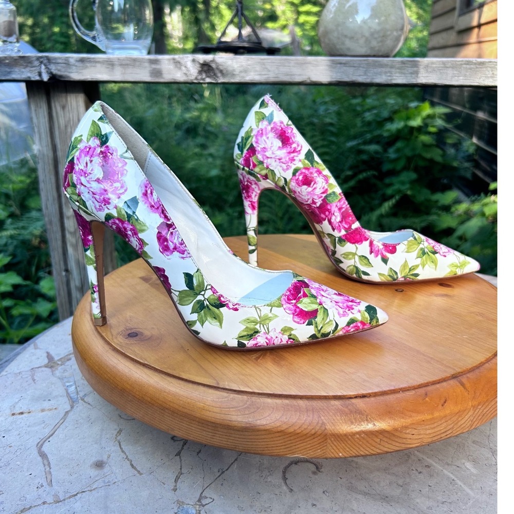 Bloom Court Heels Womens Size 38 Pink Peony Floral Patent Leather Dune London